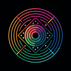 Colorful abstract circular pattern with wavy lines, gradient rainbow outline on black background, minimal geometric style vector art