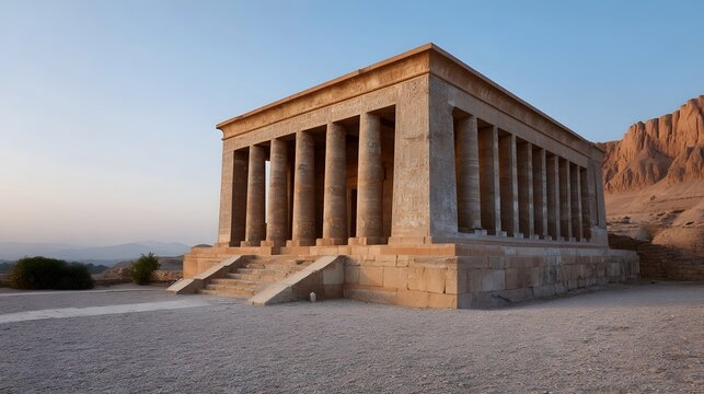 Ancient Egyptian temple structure with columns in the desert landscape at sunrise
