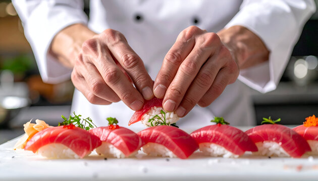 Close-up of sushi chef delicately placing fresh tuna on rice, elegant lighting and shallow depth of field, luxury omakase experience