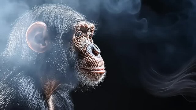 Contemplative Chimpanzee Portrait with Ethereal Whispers on Dark Background