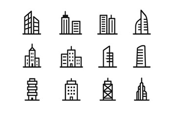 Set of Twelve Stylized Black Line Skyscraper Icons