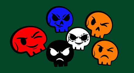 Captivating collection of colorful stylized skulls, each vividly portraying a unique emotion and personality with bold artistic flair