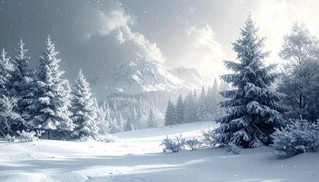Snowy mountain landscape with evergreen trees and falling snow during winter afternoon