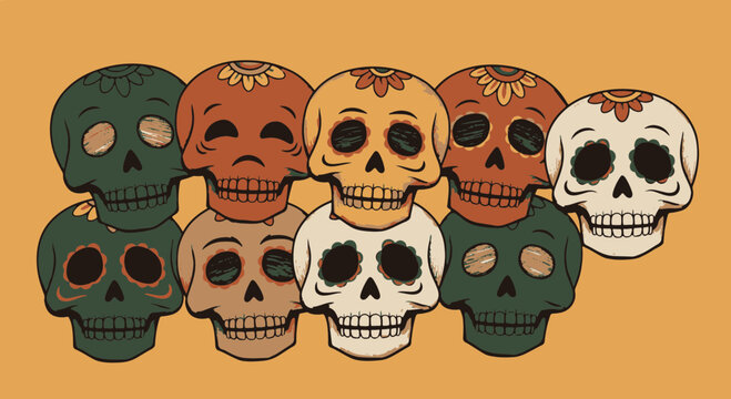 Vibrant collection of decorative human skull illustrations celebrating cultural artistry and festive traditions