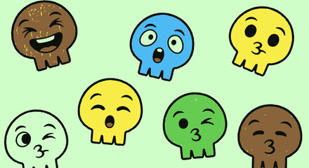 A charming collection of cartoon skull characters in diverse colors, each uniquely conveying a range of playful human emotions and expressions