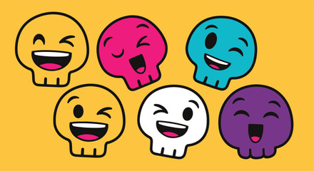 A delightful array of colorful skull-shaped emoticons radiating joy and laughter, perfect for adding a whimsical touch to various creative projects and digital designs