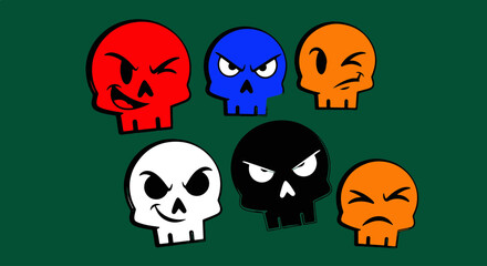 A vibrant collection of expressive cartoon skulls showcasing a spectrum of emotions and distinct personalities against a dark background