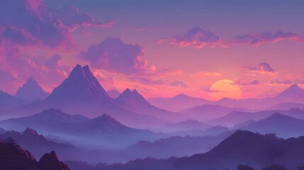 Layered mountain ranges recede into the distance beneath a vibrant sunset sky.
