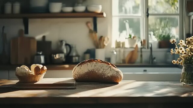 Rustic loaf of artisan bread and a basket of bread rolls on a wooden cutting board in a sun-drenched kitchen