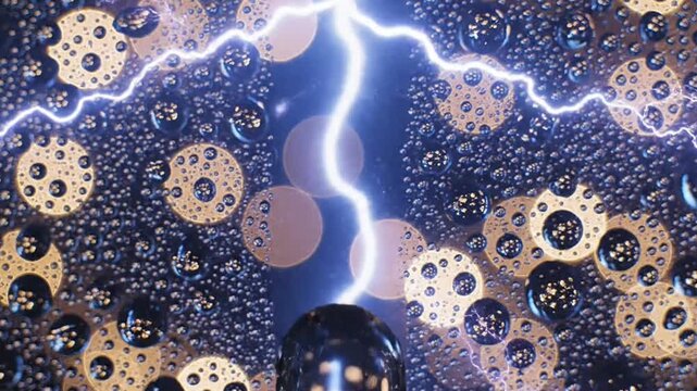 Close up of Water Droplets on Surface with Blurred Bokeh Background and Electric Lightning Effect in Studio Lighting Background for Adobe Stock