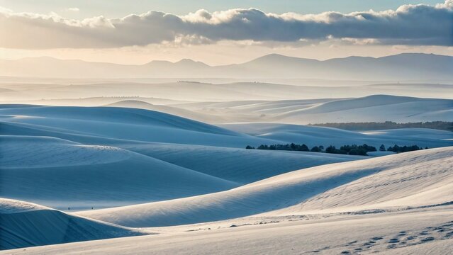 The requested descriptive sentence is: Frozen white mountain landscape under a cold blue winter - Powered by Adobe