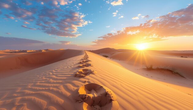 Desert Sand Dunes at Sunrise with Footprints