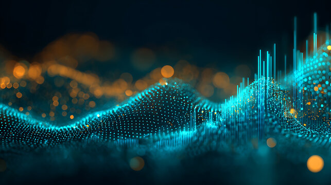 Modern data visualization with glowing turquoise and gold elements, perfect for technology, finance, and abstract presentations, a dynamic futuristic design