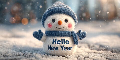Cute snowman in a blue hat, scarf, and mittens stands in fresh snow with "Hello New Year" text, festive bokeh, and falling snowflakes. Ideal for winter, holiday, and New Year designs.