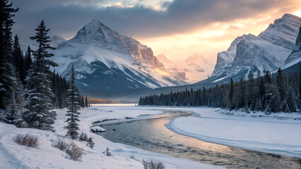 Snowy winter landscape with frozen lake and winding river at sunset