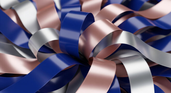 Tangled Metallic: Abstract Intertwined Ribbons in Corporate Colors
A high-detail, 3D rendered abstract image showcasing a dense, complex arrangement of glossy, metallic ribbons