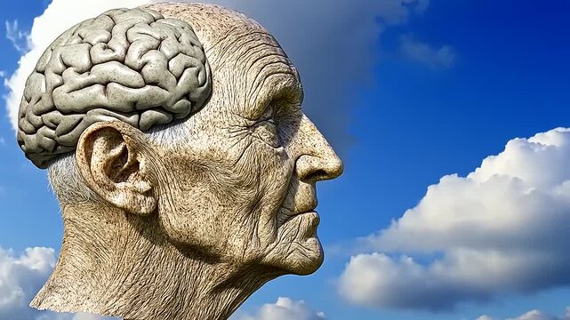 Aging brain capacity of senior man head with background blue sky