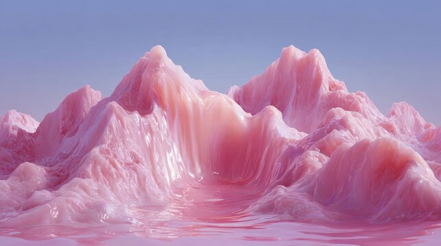 3d rendering of a mountain range with a pinkish-purple hue. the mountains are covered in a thick layer of ice, with the peaks reaching up towards the sky.