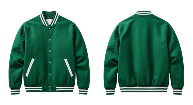 Blank Green and White Varsity Baseball Jacket Front and Back View on White Background