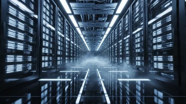 Futuristic data center corridor illuminated by neon lights, showcasing advanced technology and fog