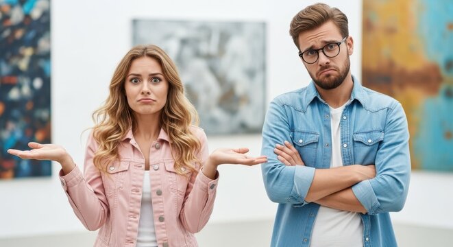 Art Gallery Dilemma: A stylish couple stands perplexed amidst an array of artistic expressions. One person throws their hands up with a shrug, and the other's expression suggests confusion.