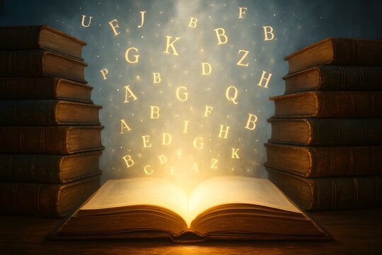 Abstract Open Book with Illuminated Letters Floating Out of It Surrounded by Stacks of Books on Wooden Surface and Dark Background - Powered by Adobe
