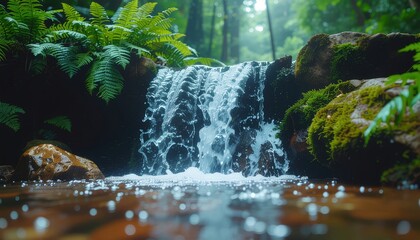Forest Waterfall with Ferns and Mossy Rocks