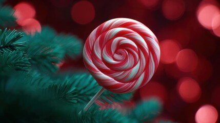 Close-up of a red and white striped lollipop on a stick. the background is blurred, but it appears to be a christmas tree with green needles and red bokeh lights.