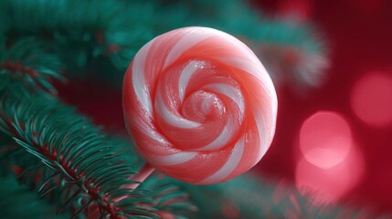 Close-up of a pink and white striped lollipop on a branch of a christmas tree. the background is blurred, but it appears to be a red and green color scheme with bokeh lights.