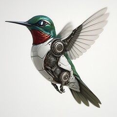 Fototapeta premium Mechanical Hummingbird in Flight Metal Bird with Robotic Components and Green Feathers Technical Avian Design for Advanced Technological Avian Concept