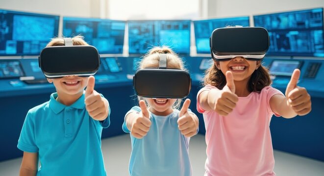 Virtual reality kids thumbs up: Three young children immersed in a virtual world, donning VR headsets and giving a thumbs-up, symbolizing their excitement and engagement with cutting-edge technology.