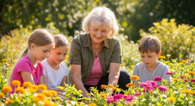 Blooming Garden Moments: A multigenerational bonding takes root as a grandmother and her grandchildren enjoy a day in a vibrant flower garden, sharing joy and connecting with the natural world.