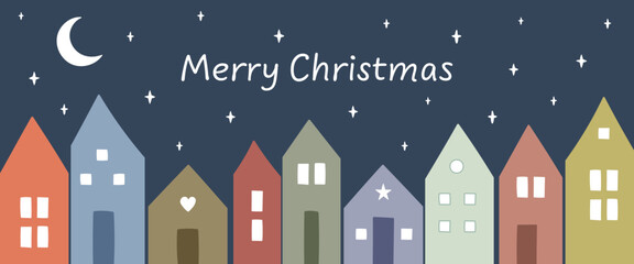 Merry Christmas - Schriftzug in englischer Sprache - Frohe Weihnachten. Grußkarte mit bunten Häusern, Mond und Sternenhimmel.