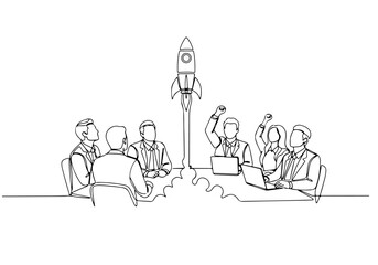 Vibrant continuous line drawing depicting a business team launching a startup rocket from a conference table, symbolizing innovation, collaboration, and entrepreneurial success