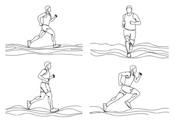 Dynamic continuous line drawing vector illustrations showcasing athletic men running in various energetic poses, ideal for fitness concepts