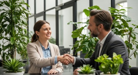 Agreement Handshake in Professional Setting: Two individuals seal a deal, exchanging a firm handshake amidst a verdant office environment, symbolizing collaboration, agreement and trust.