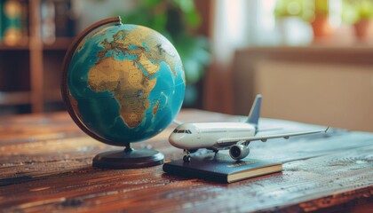 Globe, Airplane Model, and Passport on Wooden Table
