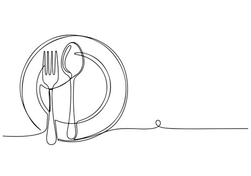 Elegant continuous line drawing of a dinner plate with a fork and spoon, symbolizing culinary arts, fine dining, and minimalist kitchen design