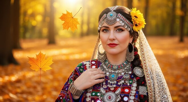 Serene Portrait of Cultural Elegance: An Afghan woman, adorned in traditional attire, radiates grace in a sun-drenched autumn forest, a portrait of cultural pride and timeless beauty.
