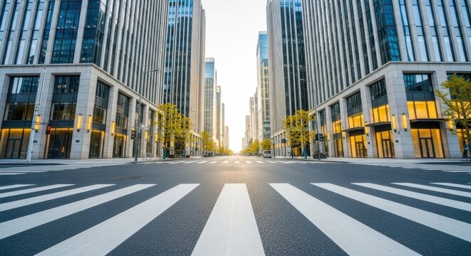 Urban Geometry: A symmetrical composition of skyscrapers and architectural details creating a mesmerizing perspective along a deserted city street.