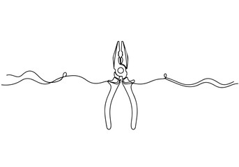 A sleek and minimalist continuous line drawing depicting a pair of pliers expertly holding a winding electrical wire, symbolizing connection and work in repair