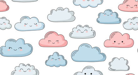 Delightful sky pattern design featuring cute clouds in pastel pink and blue hues, adorably