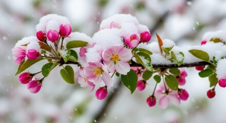 Obraz premium Snowy Blossoms: Delicate pink blossoms emerge, adorned with a gentle blanket of fresh snow, evoking the rare beauty of nature's unexpected harmony.