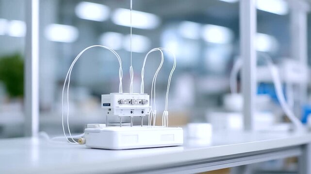 Machinery with cables on table in defocused laboratory factory, faceless equipment closeup, technical visualization detail, blurred lab background, industrial testing concept, mach