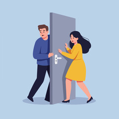 Illustration of a man and woman reacting to a door. They appear surprised or scared