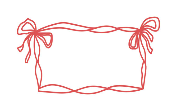 Hand Drawn Whimsical border. Coquette elegant frame with bows, ribbons. Cute french frame for Valentine Day, wedding, birthday invitation, poster, menu, banner. Trendy doodle isolated vector illustrat