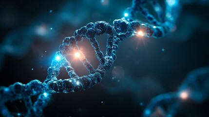 Stunning 3D rendering of a vibrant blue DNA helix glowing with scientific discovery and medical innovation
