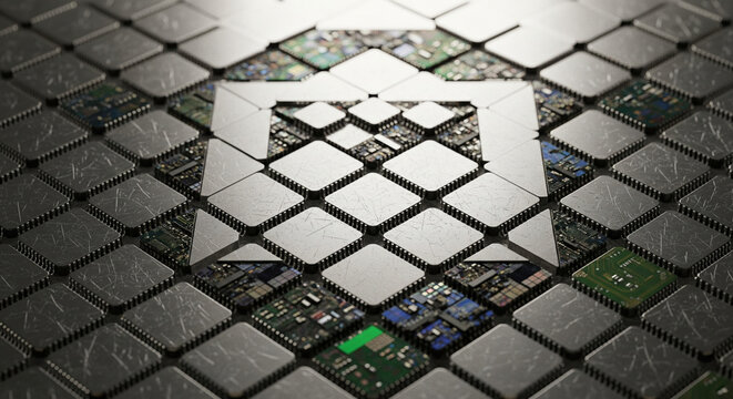 Abstract Data Flow: Digital Information Shielding Circuit Boards
A high-detail, 3D rendered abstract image centered around a pattern of interlocking metallic diamond shapes