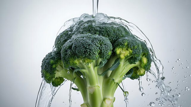 Crisp fresh broccoli getting a delightful shower of pure water for vibrant healthy eating ads or organic farm promotions, showcasing freshness and natural goodness
