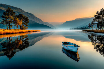 Tranquil lake with wooden boat and misty mountains at sunrise reflecting in calm water